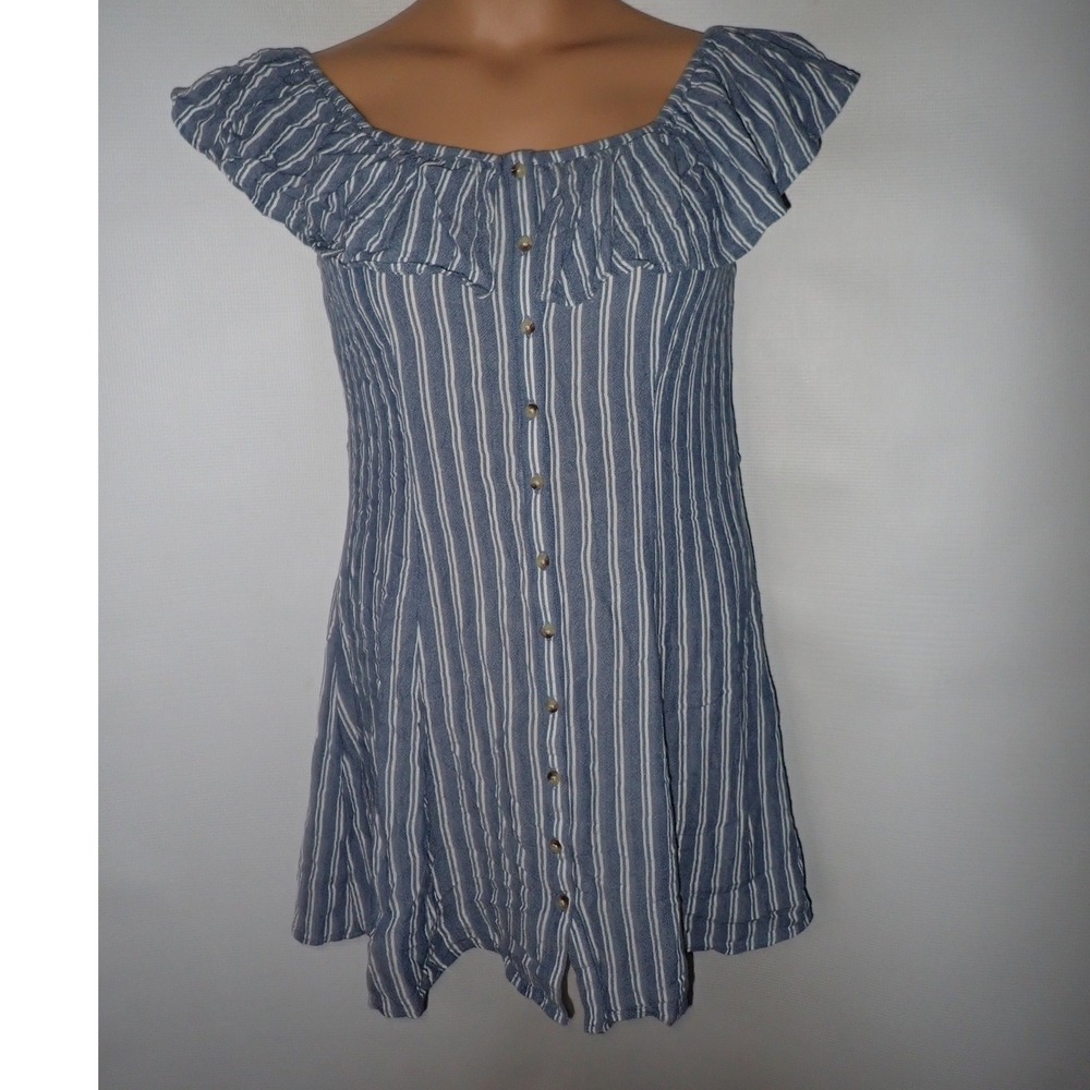 American Eagle Womens Striped Off Shoulder Ruffle Button Front Mini Dress Medium